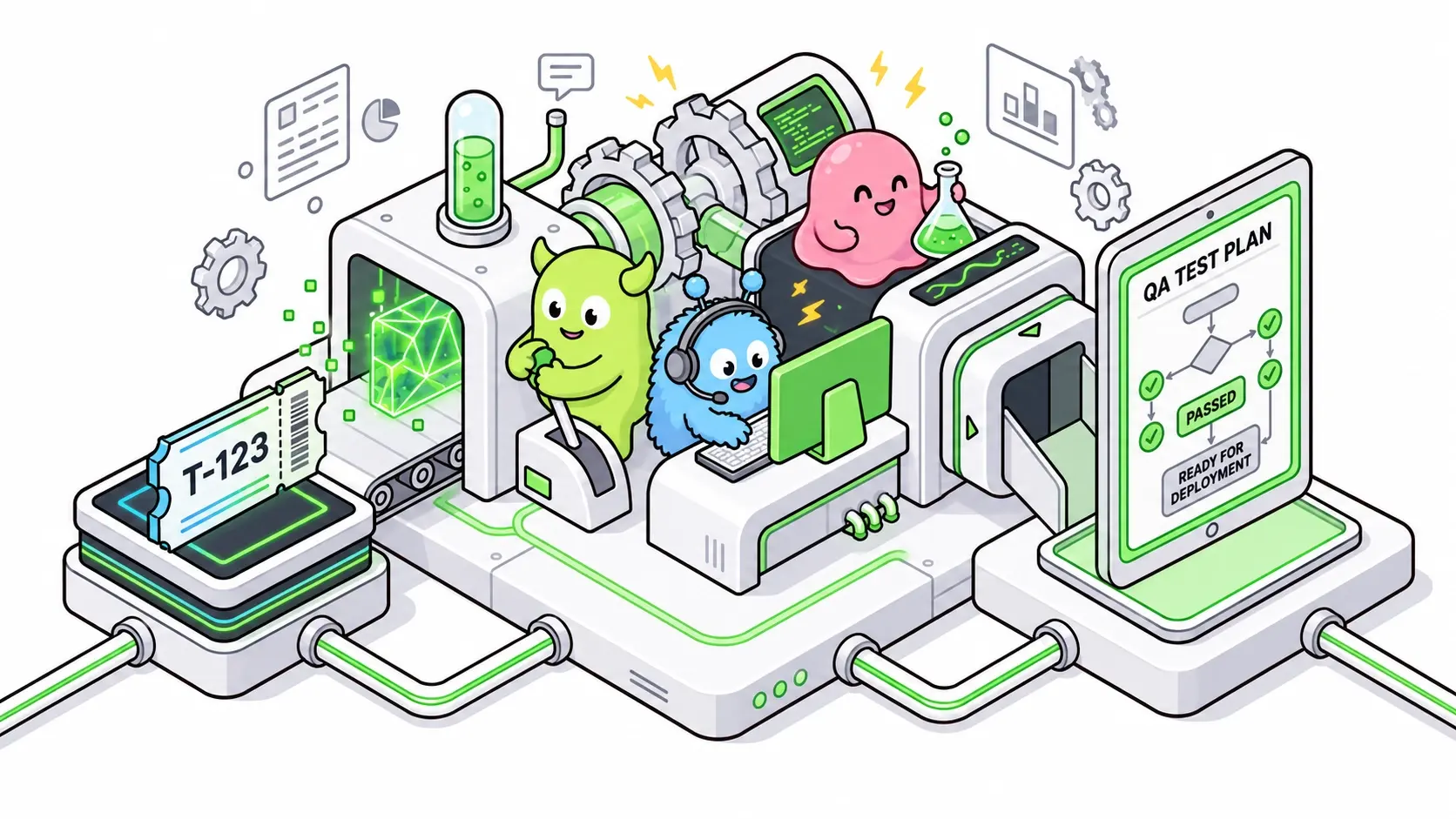 A bright technical illustration of TestMutant generating and running a browser check from product context.